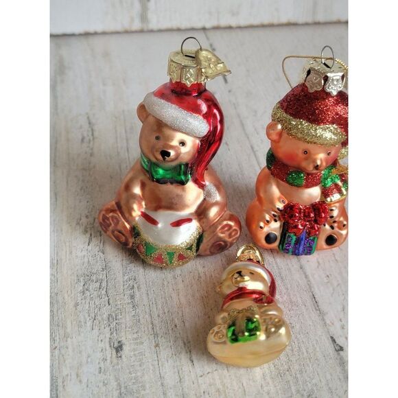 Teddy bear blown glass ornament Xmas set present drum - Picture 3 of 8